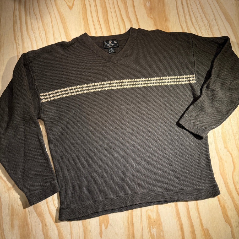 J Riggins Sportswear Men's Brown V-Neck Striped Ramie Cotton Knit Sweater Size M